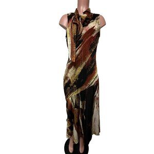 DKNY Sleeveless Tie Neck Satin Midi Dress Women's Size Small Paint Stroke NWT
